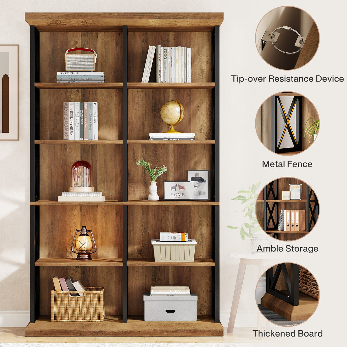 75-Inch Tall Double Wide Bookcase, 6-Tier Industrial Bookshelf with X-Pattern Frame