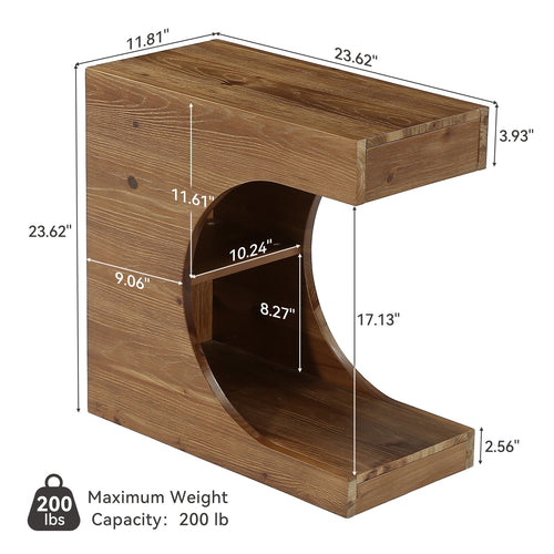 11.8-Inch Wide Solid Wood C-Shaped Side Table with 2-Tier Storage Shelf