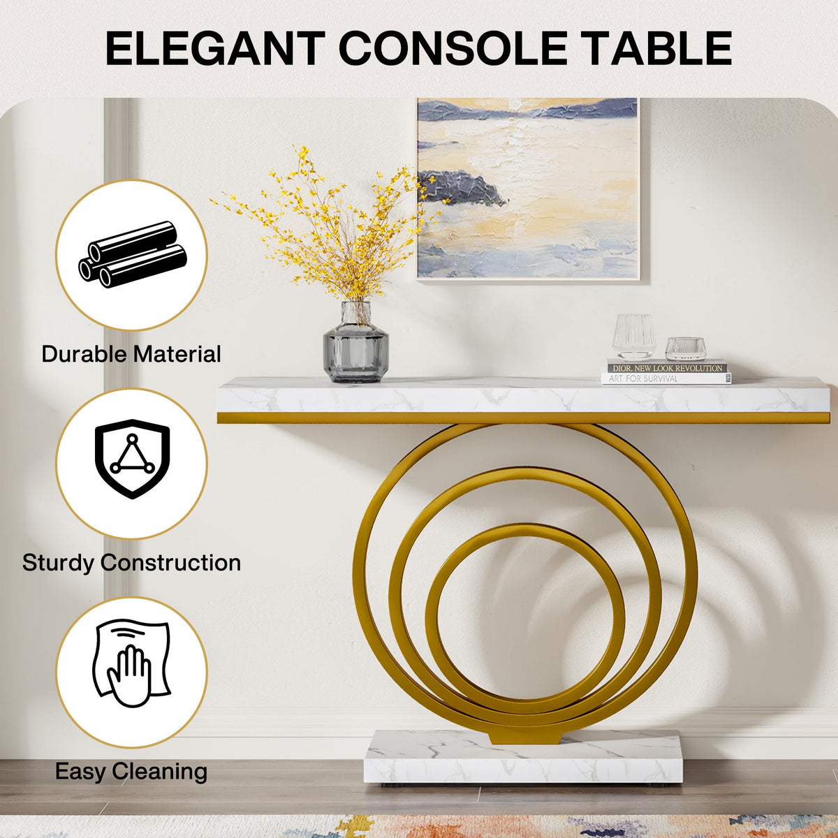 41.3-Inch Gold Console Table, Narrow Entryway Table with Faux Marble Veneer Top and Geometric Metal Frame for Hallway