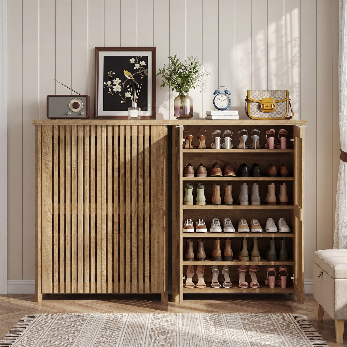43.31 Inch 6-Tier Shoe Cabinet with Louvered Doors, Farmhouse Shoe Storage Cabinet for Entryway and Hallway
