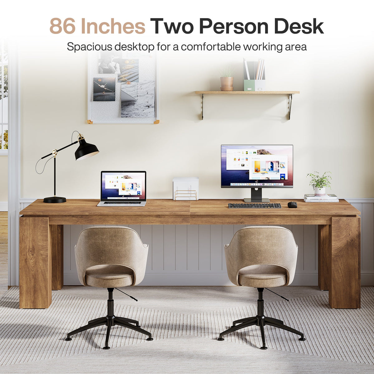 86.61-Inch Two-Person Computer Desk, Extra Long Wood Workstation Table for Home Office Study Room