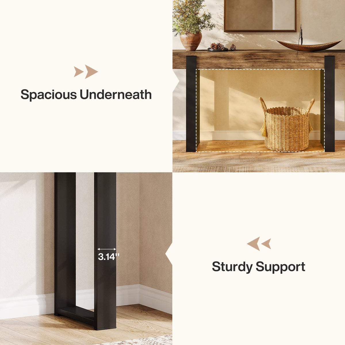 63-Inch Solid Wood Sofa Table with Metal Support, Narrow Console Table for Behind Couch