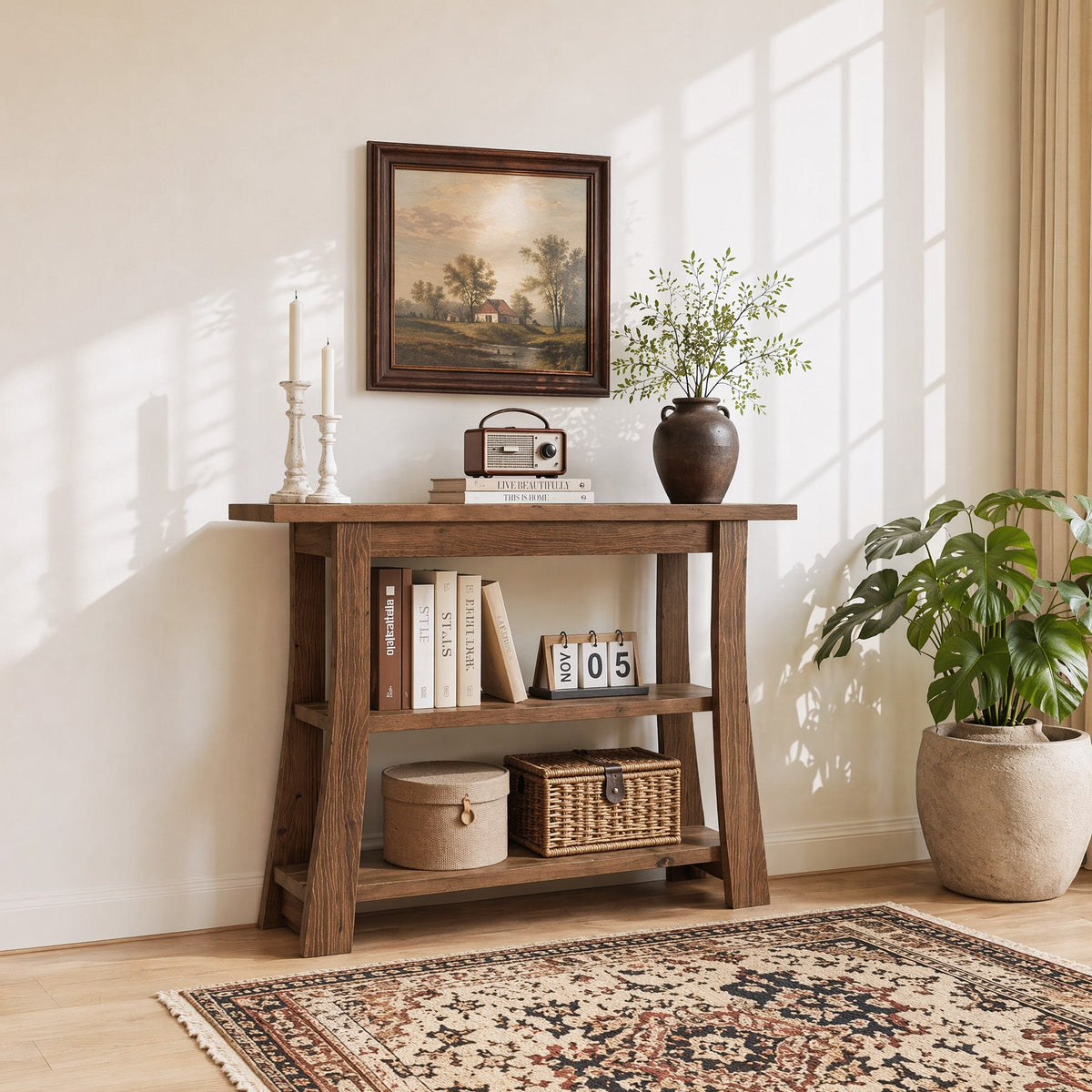 41.3 Inch Solid Wood Console Table with 3-Tier Storage, Farmhouse Hallway Table