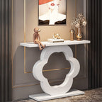 39.4-Inch White High-Gloss Console Table with Flower Cutout Base, Narrow Entryway Table for Living Room and Hallway