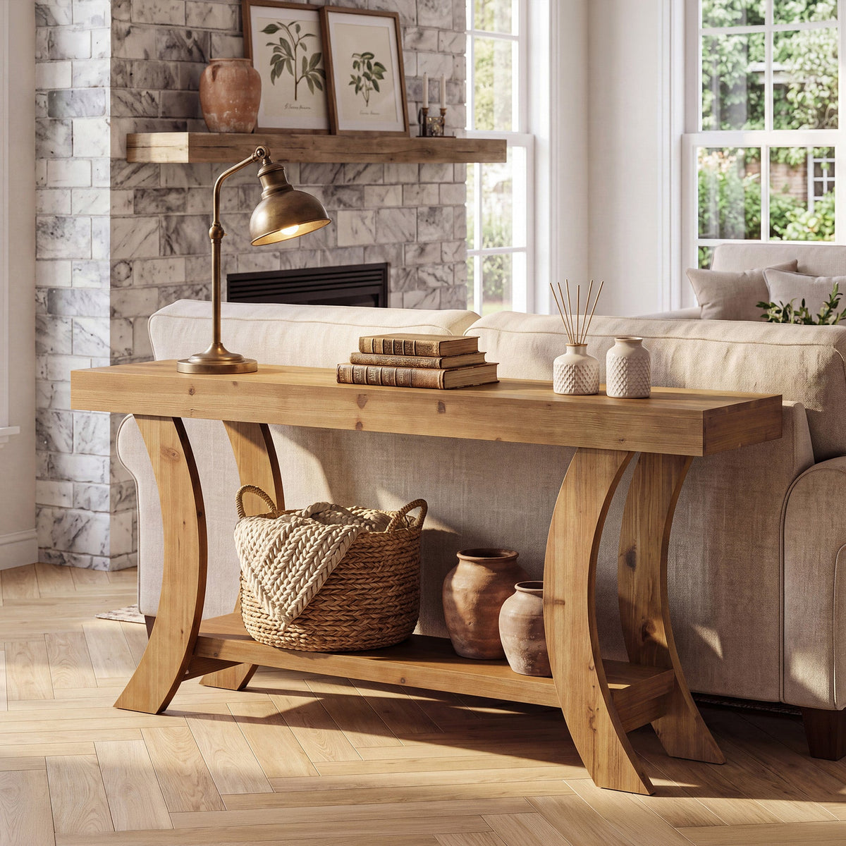 63 Inch Solid Wood Console Table with Shelf, Arched Farmhouse Entryway and Sofa Table