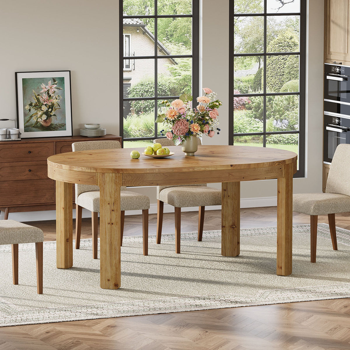 55-Inch Farmhouse Oval Dining Table, Solid Wood Kitchen Table for 4 in Small Spaces