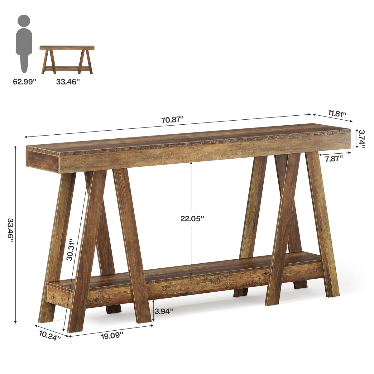 70.87-Inch Farmhouse Console Table with 2-Tier Storage and A-Shaped Frame, Narrow Entryway Sofa Table for Living Room and Foyer