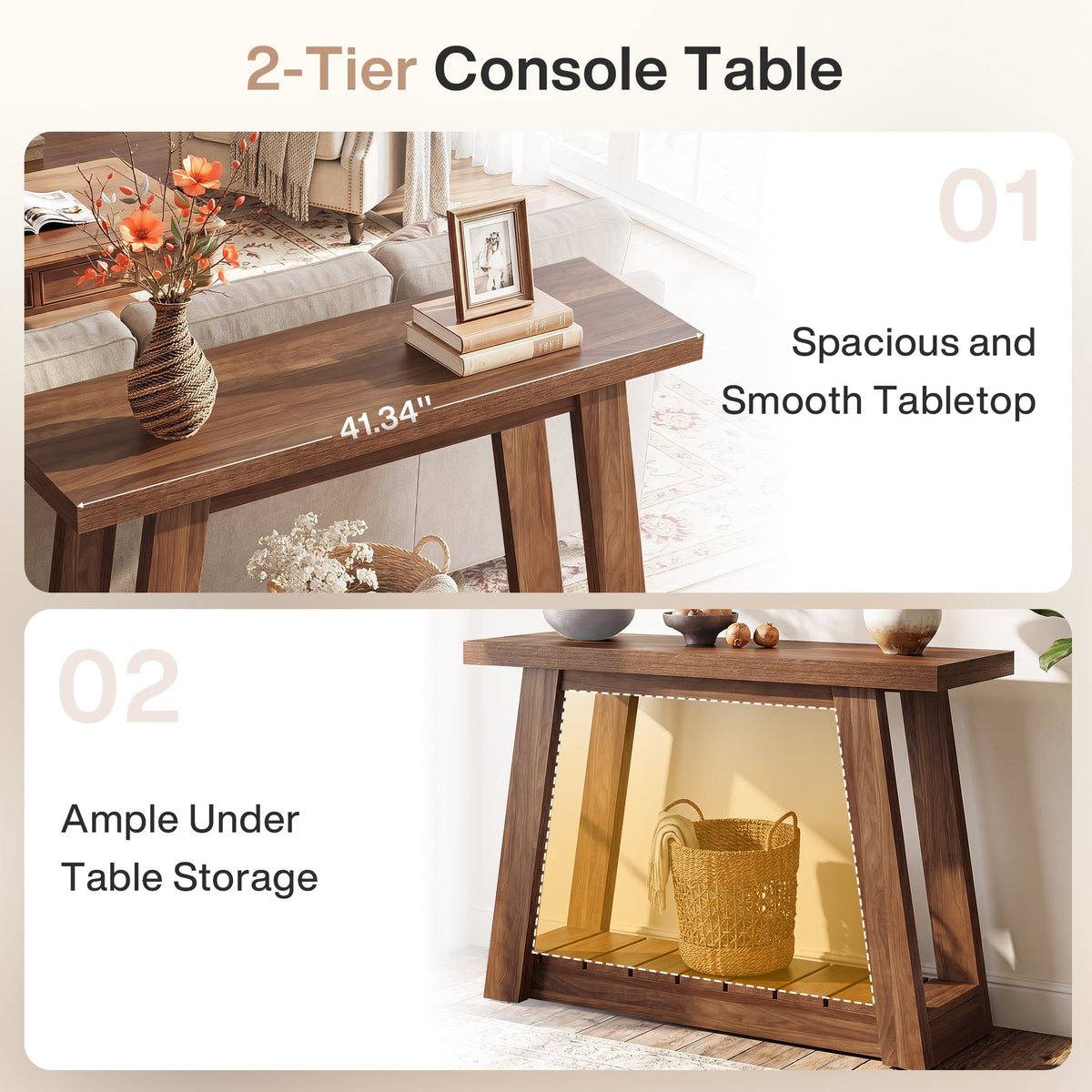 41.3-Inch 2-Tier Wood Console Table, Narrow Entryway Storage Sofa Table with Open Shelves for Living Room and Hallway