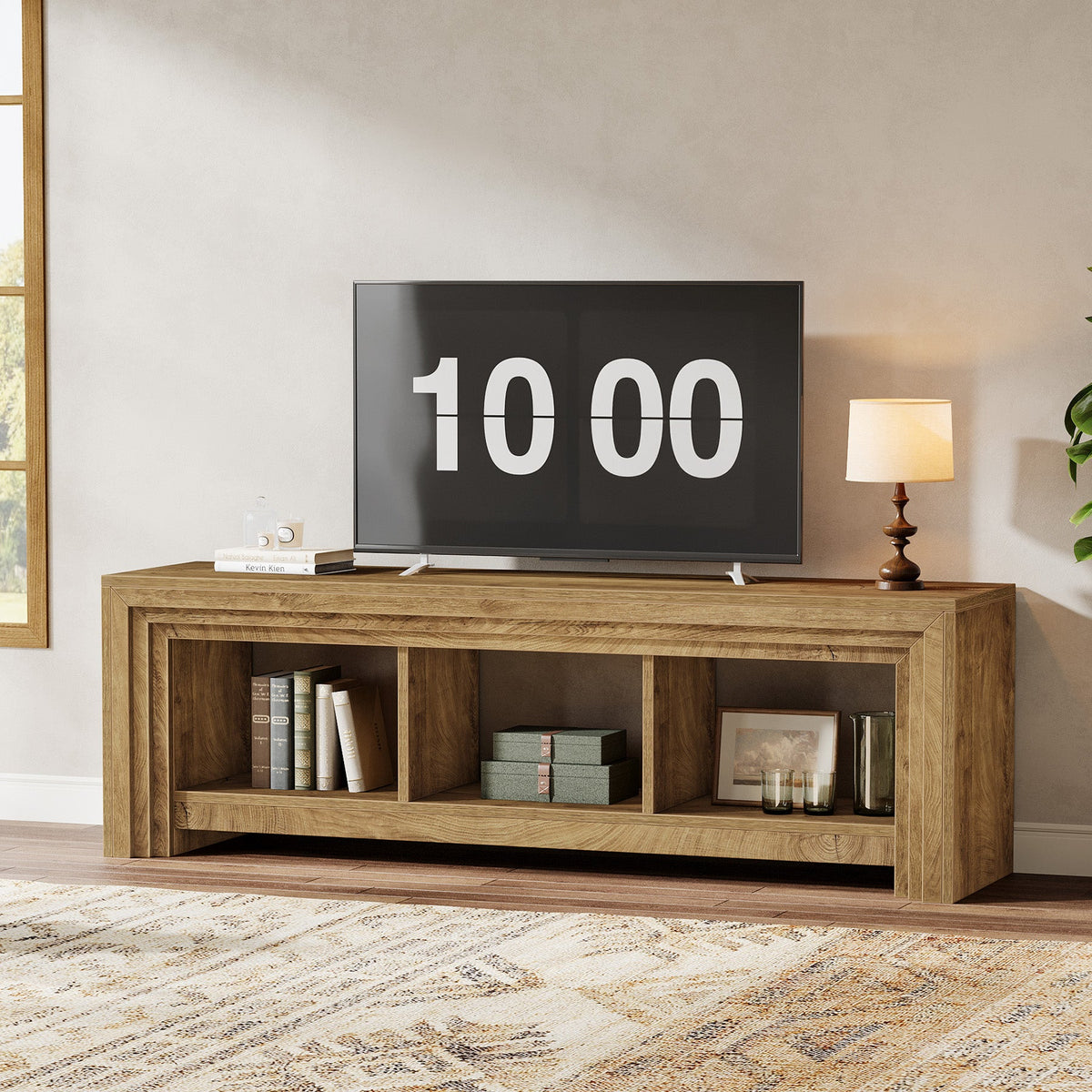 63-Inch Farmhouse TV Stand, Oak Media Console with Open Storage for Living Room