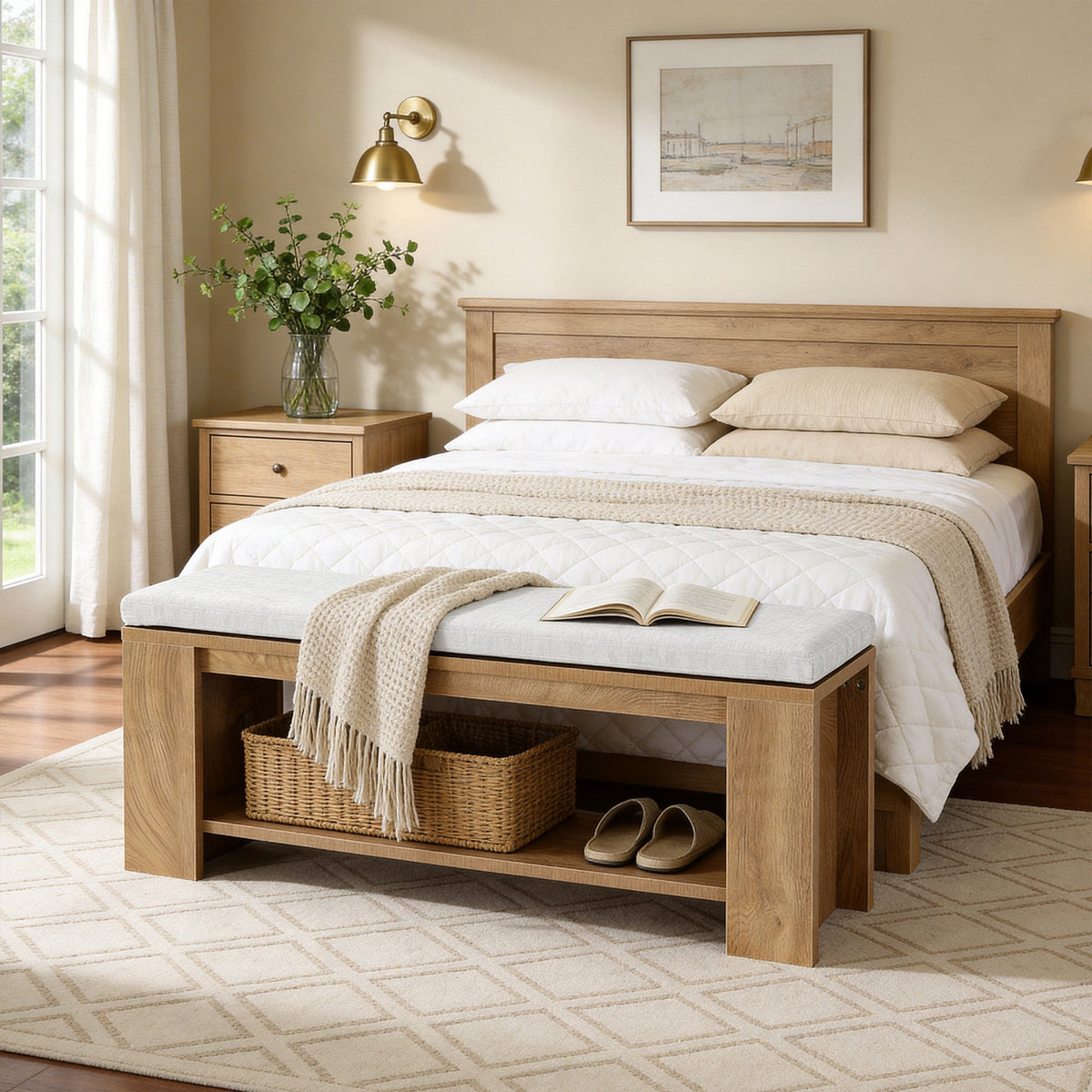 47.24-Inch Upholstered Hallway Bench with Padded Seat, Farmhouse Bed Bench for Bedroom