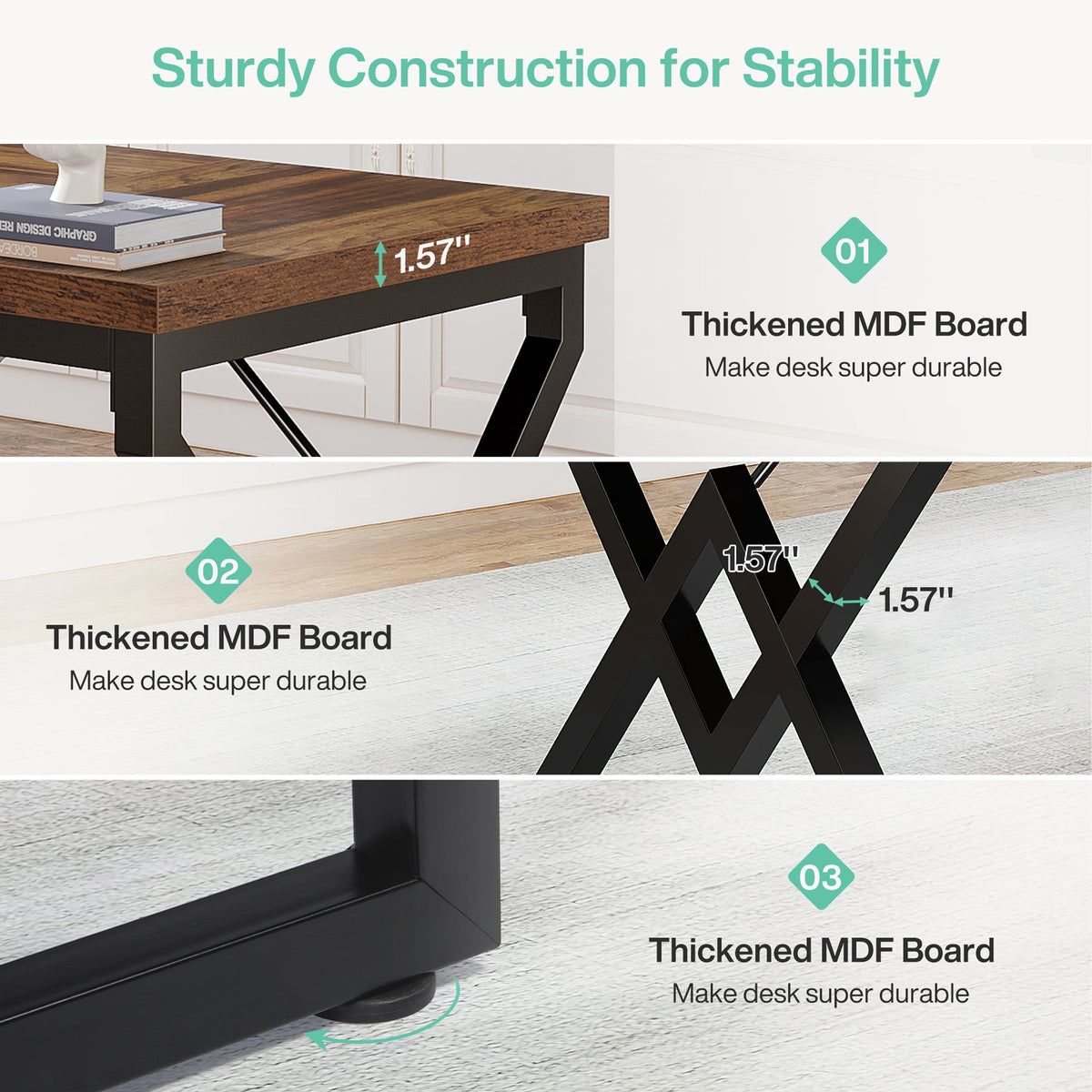 63-Inch Large Office Desk, Industrial Computer Executive Desk with Extra Thick Wood-Look Top and Metal Frame for Home Office