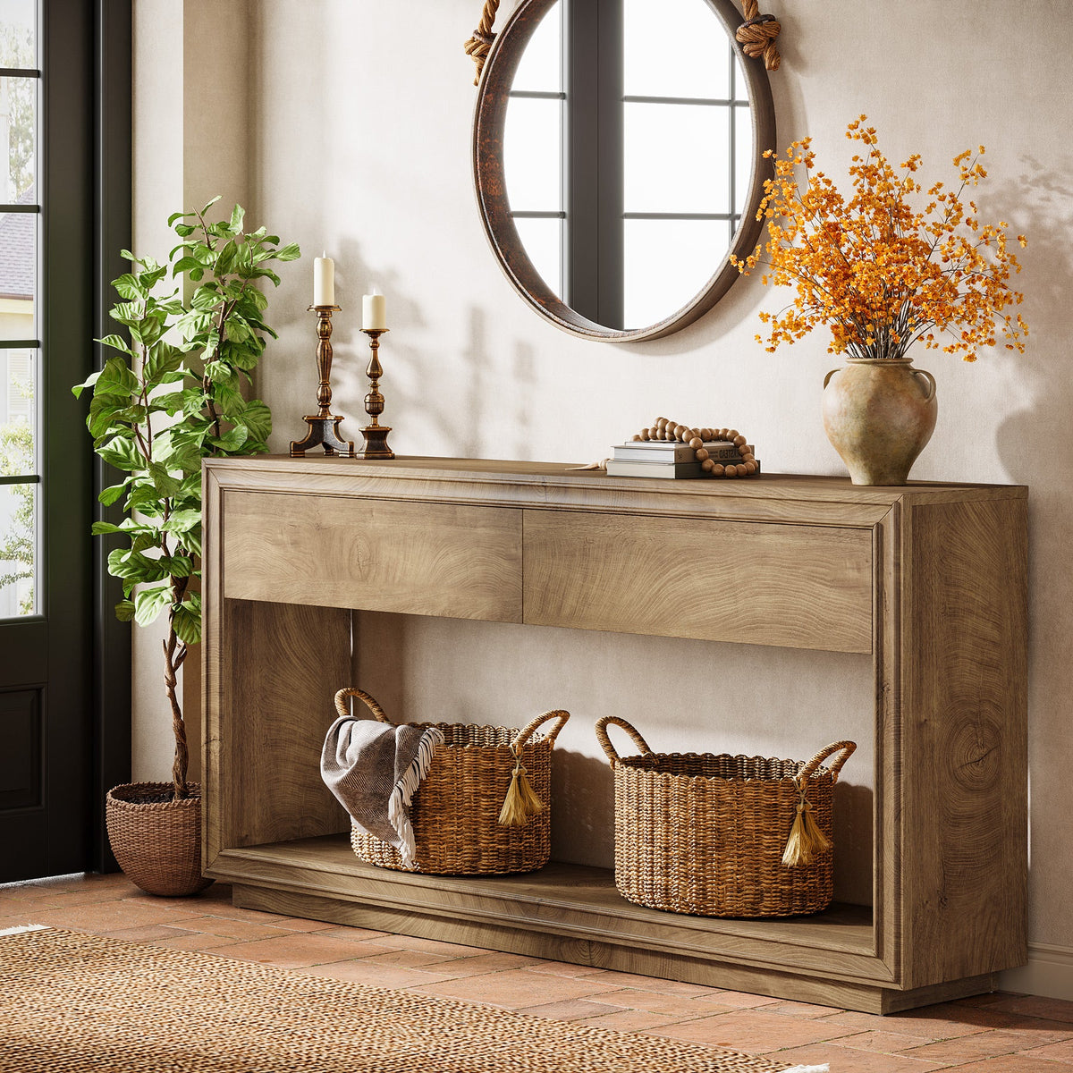 63-Inch Console Table with 2 Drawers, Farmhouse Entryway Table with Storage for Hallway