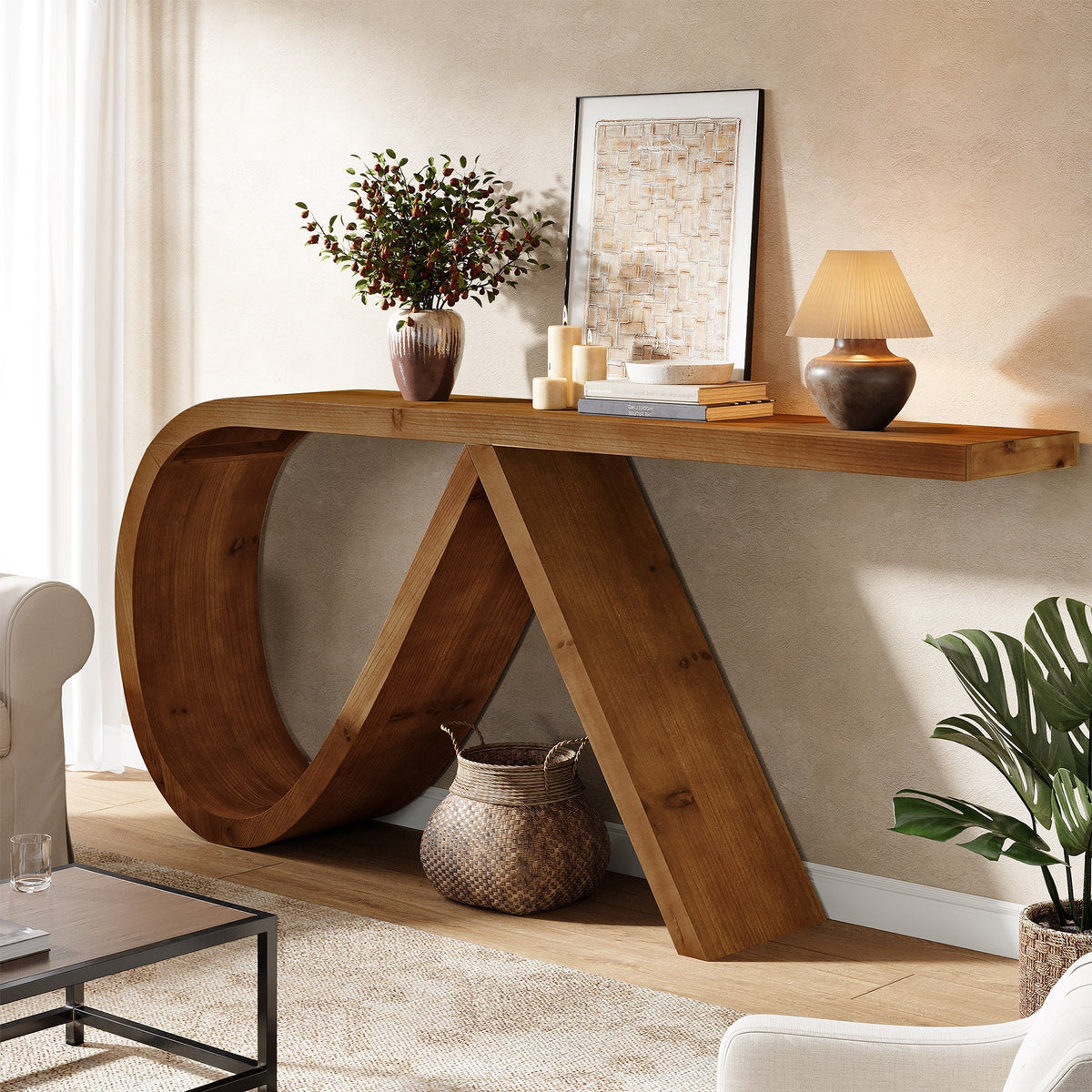 57-Inch Curved Console Table, Solid Wood Sofa Table for Hallway