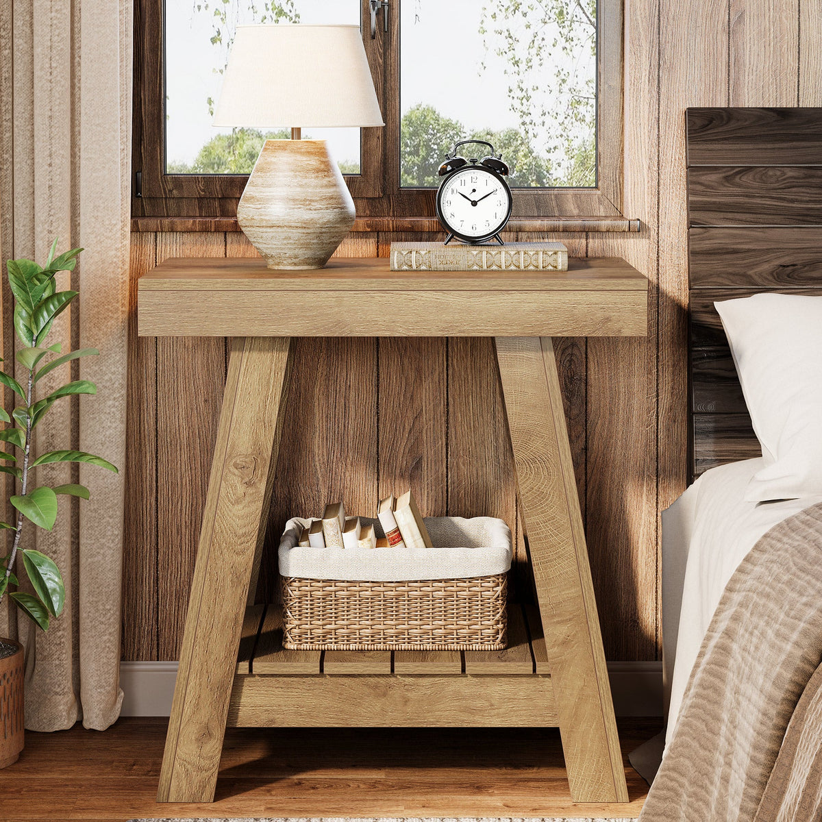 23.6 Inch 2-Tier End Table with Trapezoidal Base, Farmhouse Side Table for Small Spaces