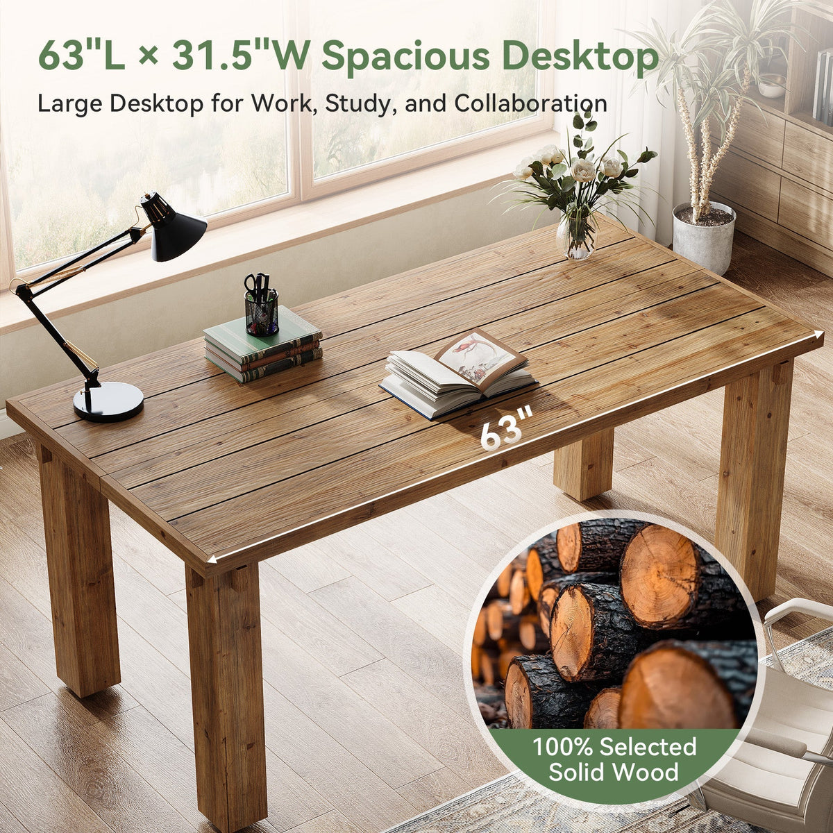 63-Inch Solid Wood Executive Desk with Thick Top, Farmhouse Computer Desk for Home Office
