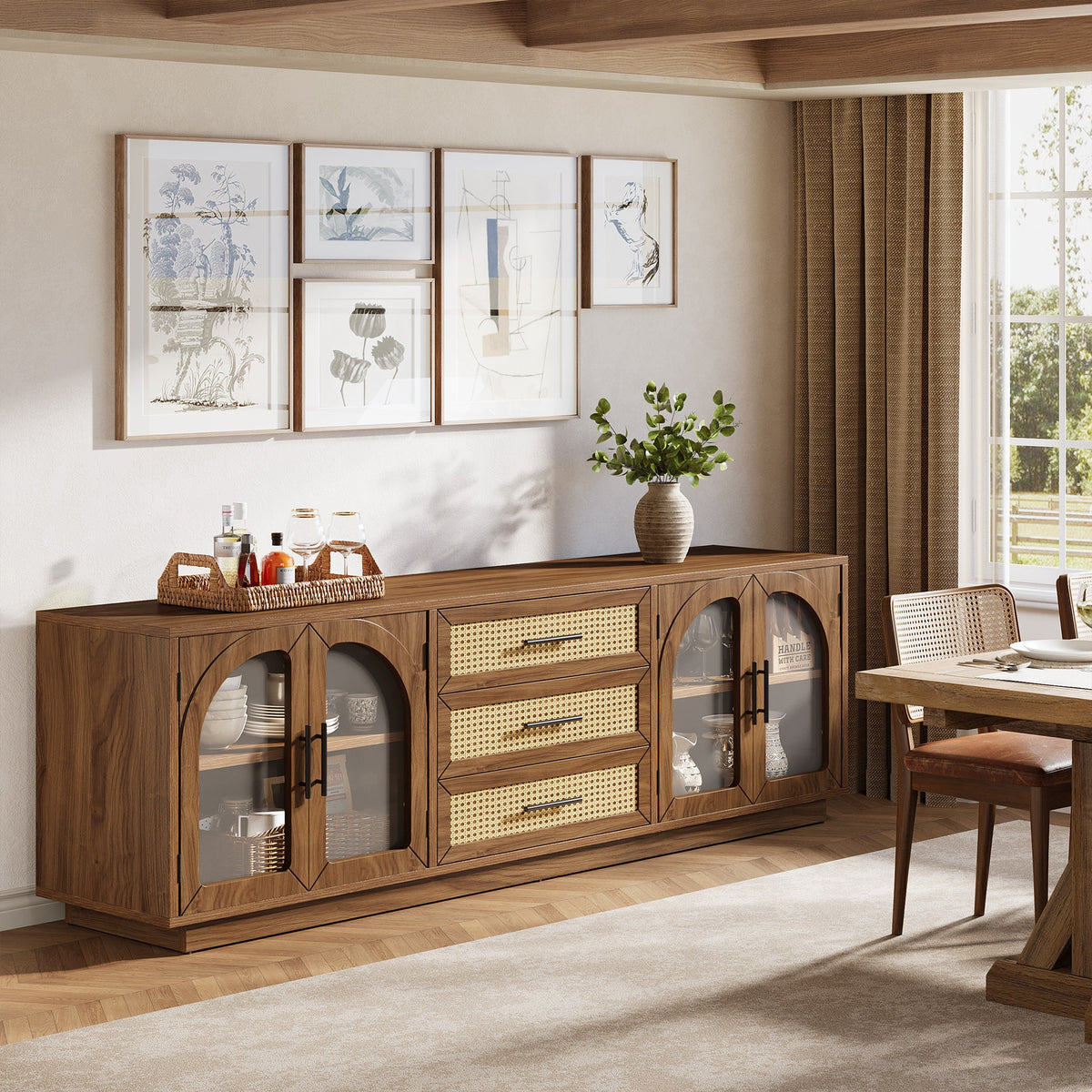 71-Inch TV Stand with Rattan Drawers, Mid-Century Media Console for Living Room