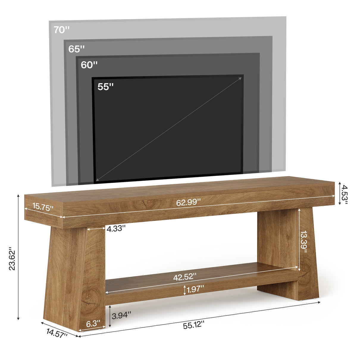 63-Inch Farmhouse TV Stand with 2-Tier Storage, Media Console for Living Room or Bedroom