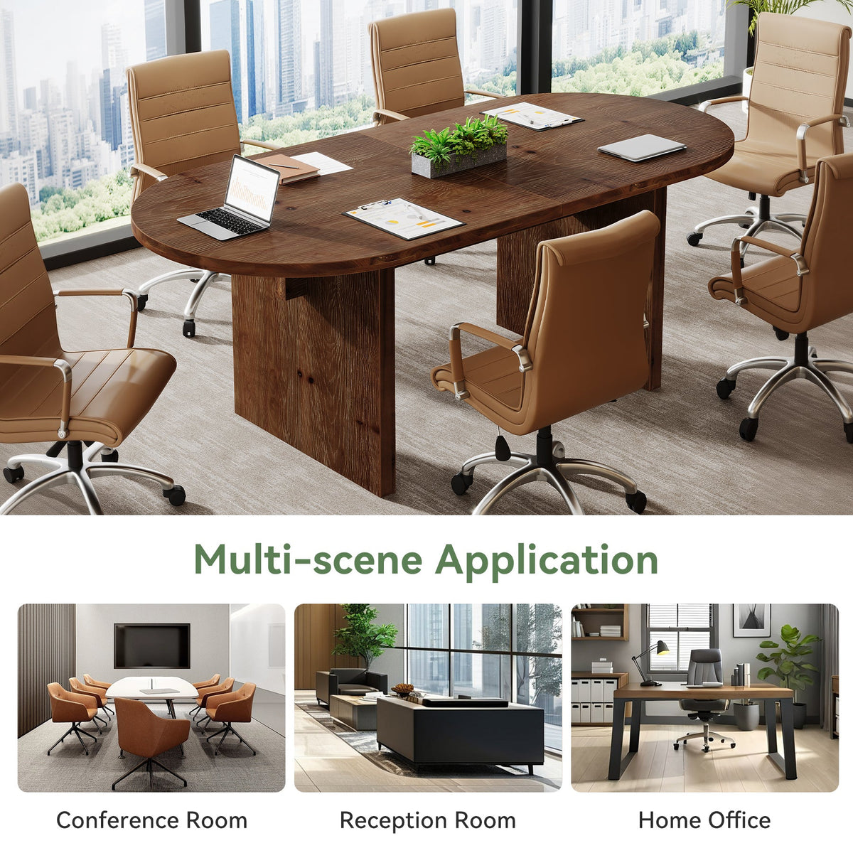 63-Inch Solid Wood Conference Table for 4 to 6 People with Oval Tabletop, Farmhouse Meeting Seminar Table