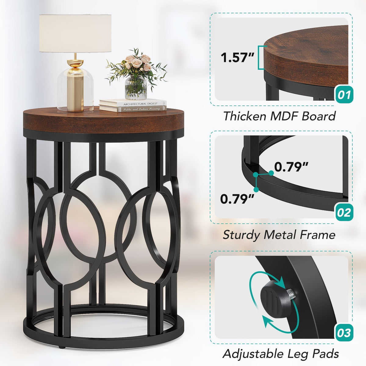 Round End Table, Industrial Side Table with Metal Hollow Frame #Colour_Rustic Brown