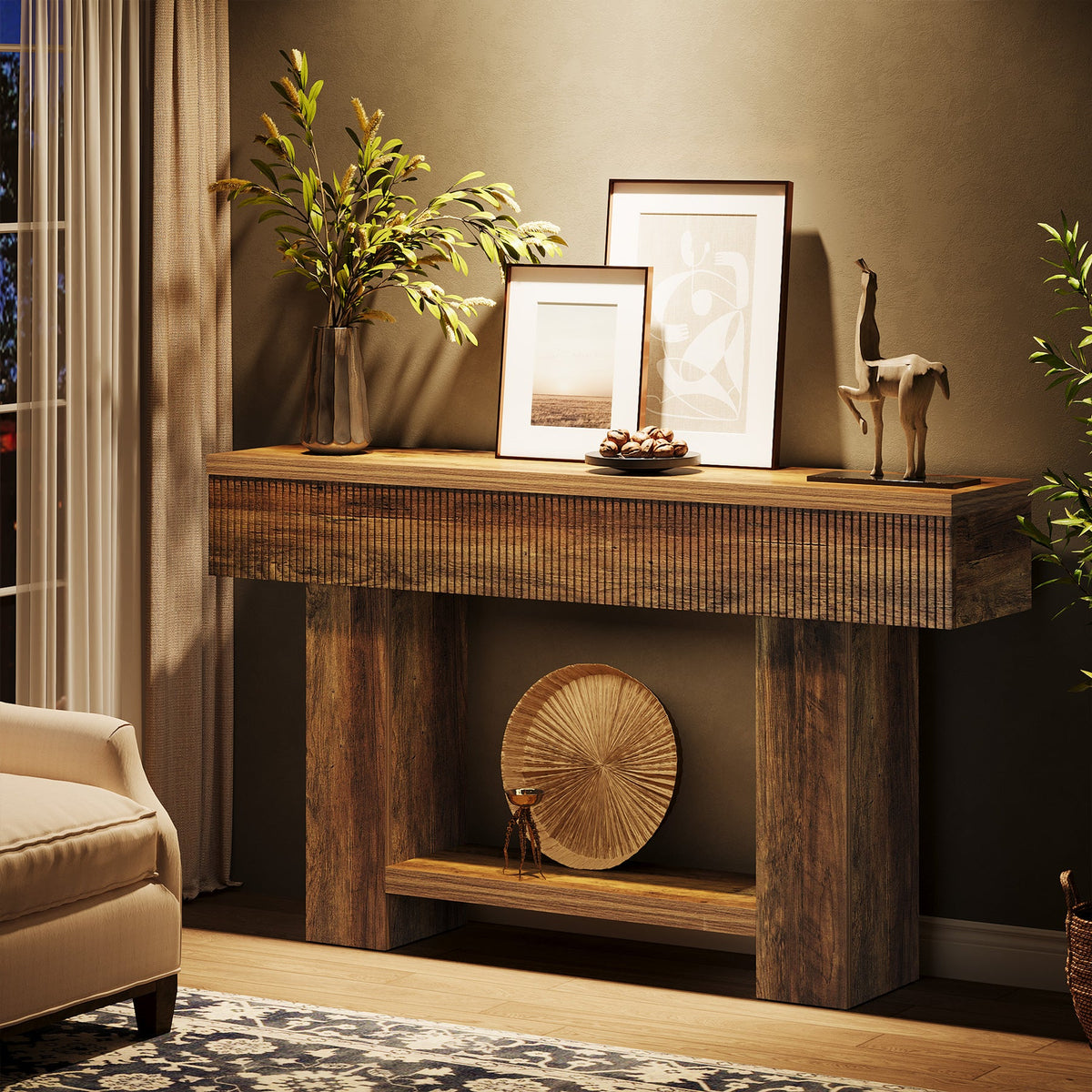 55-Inch Farmhouse Console Table with 2-Tier Storage and U-Shaped Base, Narrow Entryway Sofa Table for Hallway