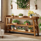 63-Inch Solid Wood Console Table with X-Frame, 3-Tier Hallway Table for Living Room