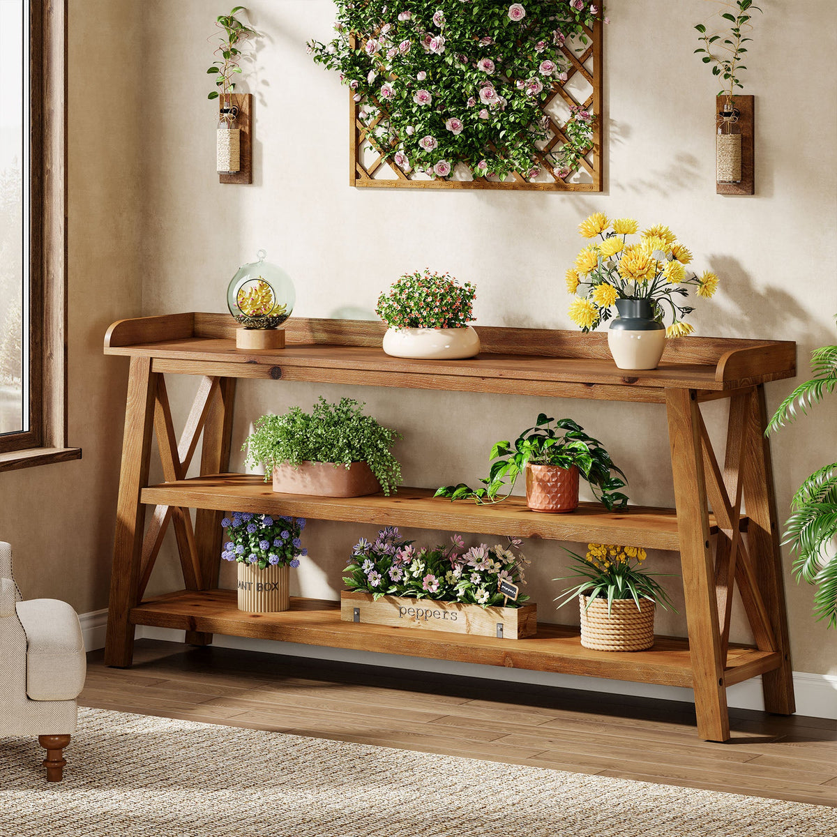 63-Inch Solid Wood Console Table with X-Frame, 3-Tier Hallway Table for Living Room