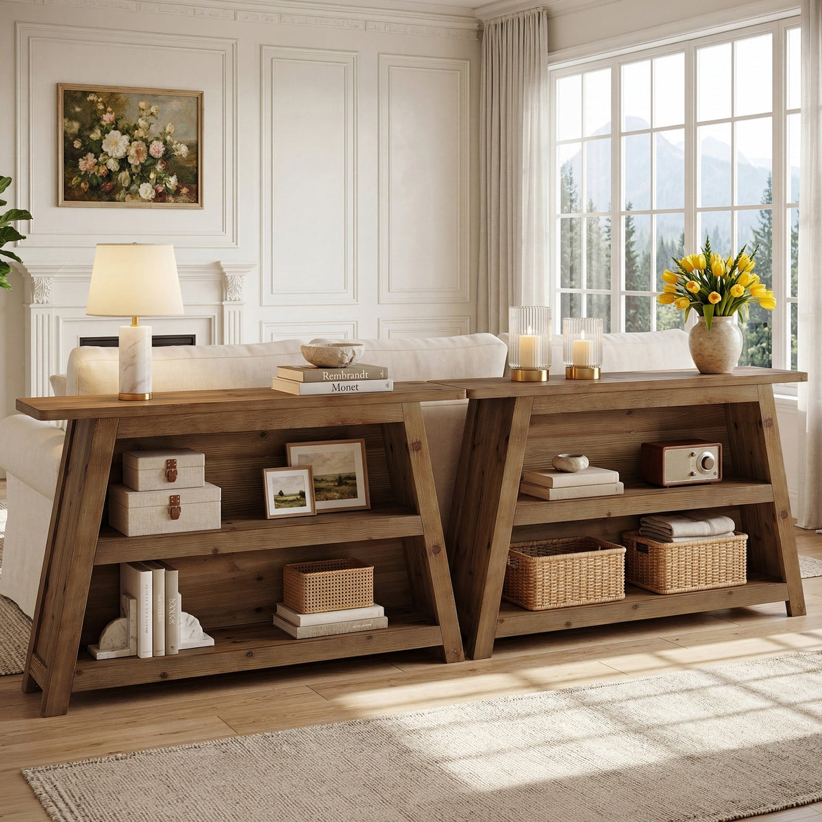 47.24-Inch Solid Wood Console Table, Farmhouse Entryway Table with 3-Tier Shelves