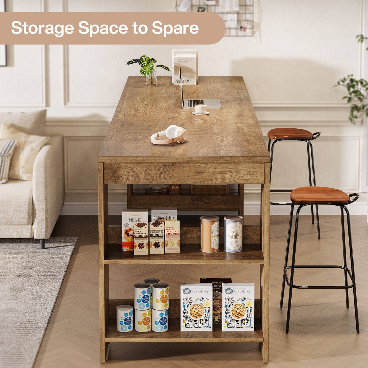 63 Inch Farmhouse Kitchen Island with Double-Sided Storage Shelves