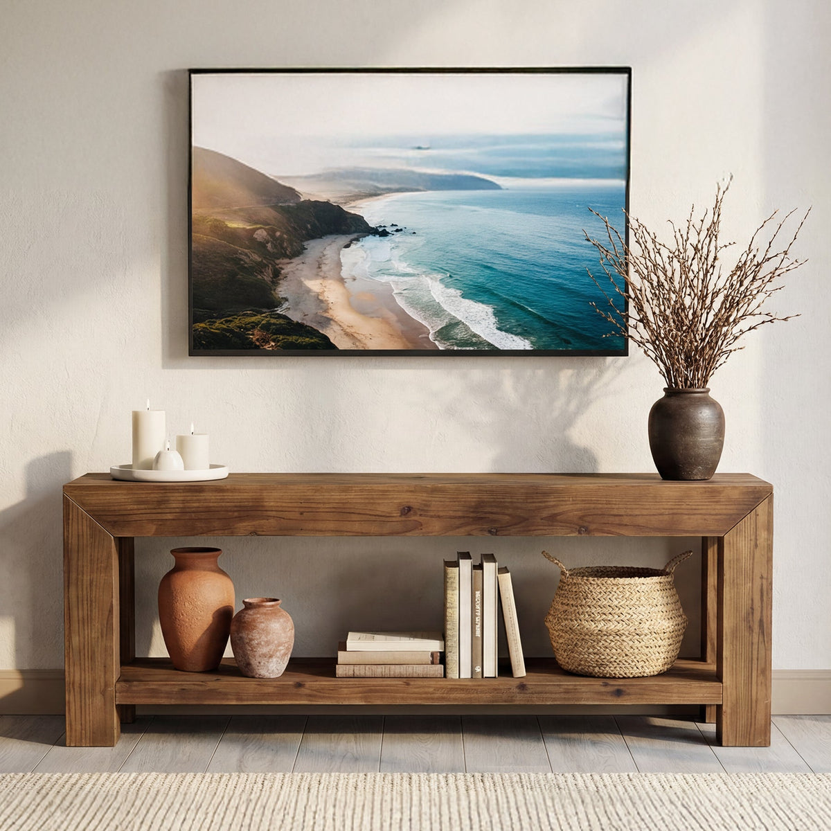 63-Inch Solid Wood TV Stand for TVs up to 75 Inches with 2-Tier Open Storage Shelves