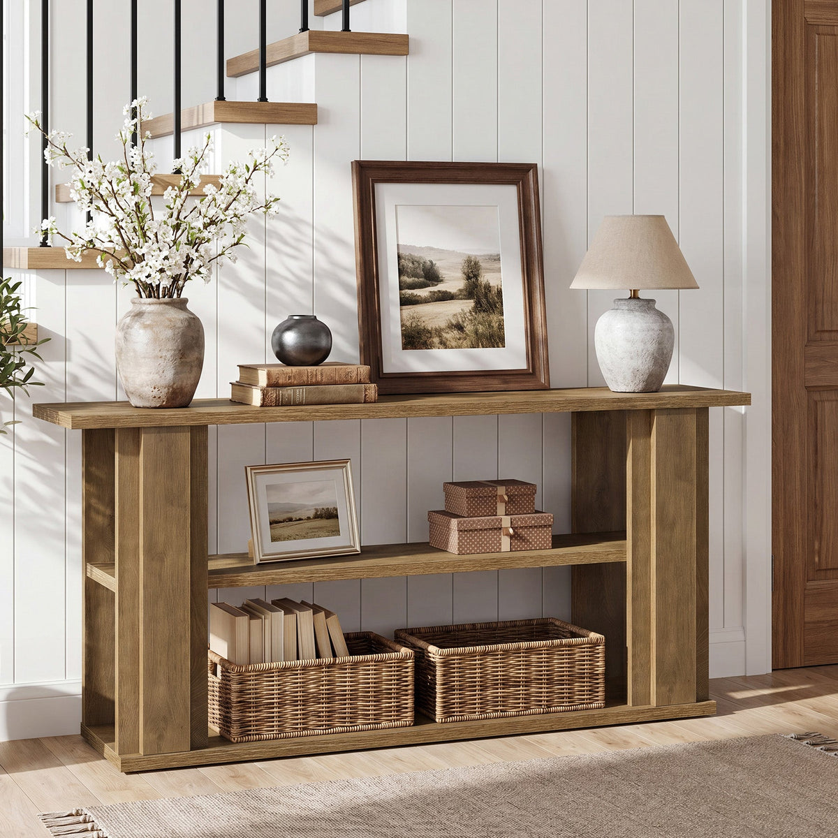 63-Inch Farmhouse Console Table with 3-Tier Storage Shelves and Wide Panel Supports, Narrow Sofa Table for Living Room Hallway and Foyer