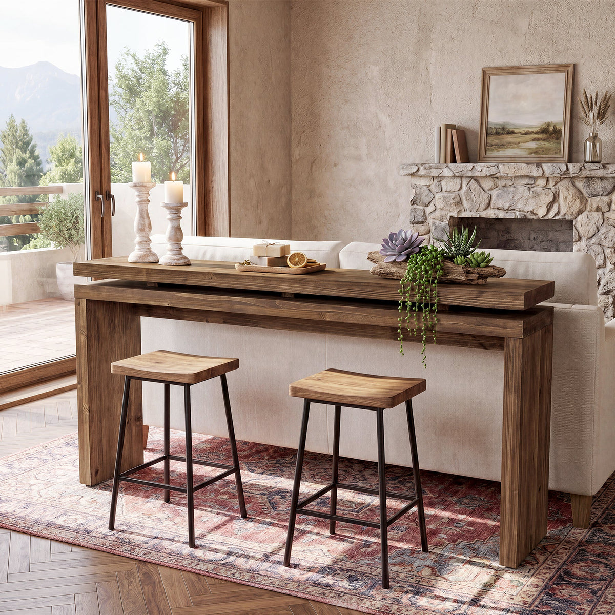 63-Inch Solid Wood Console Table with Double-Layer Top, Farmhouse Sofa Table for Entryway Hallway and Behind Couch