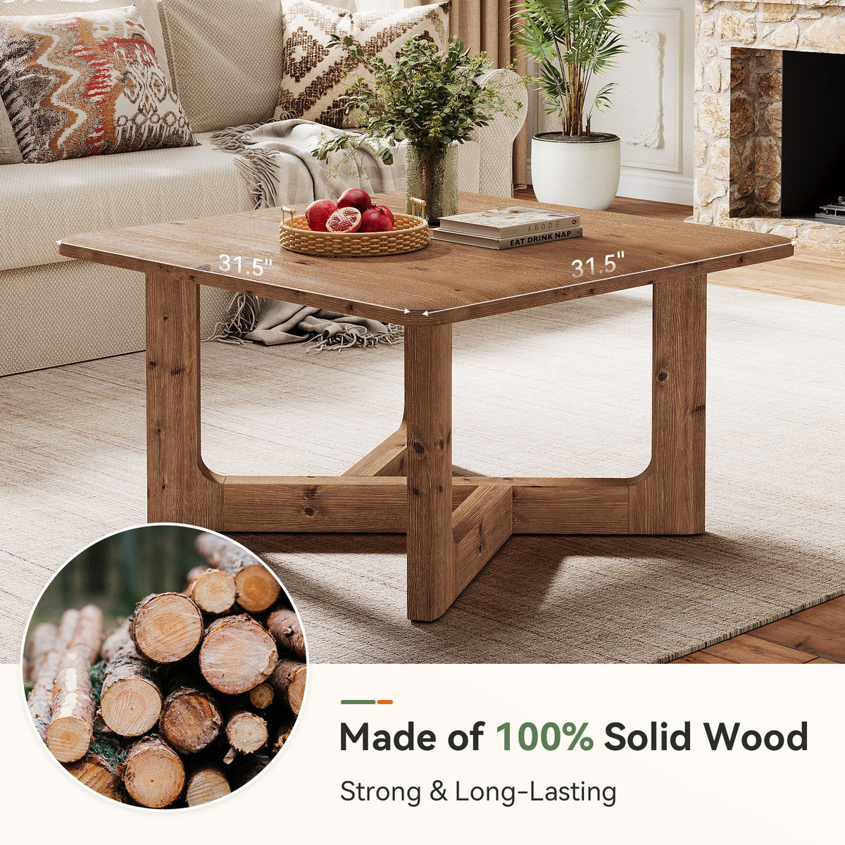 31.5 Inch Square Solid Wood Coffee Table, Farmhouse Living Room Table with Sturdy Base