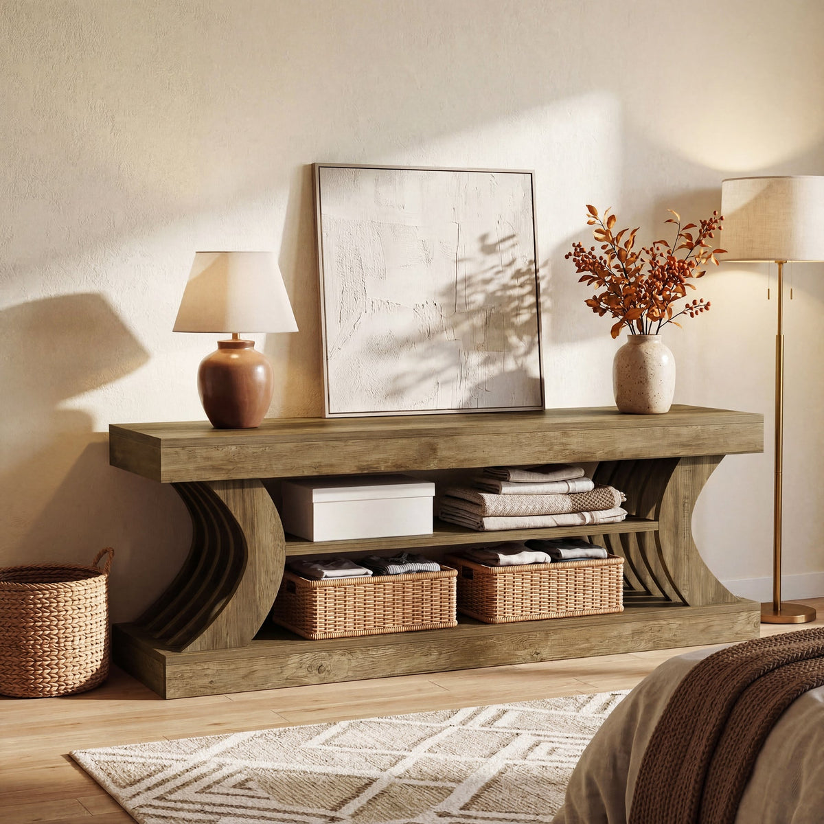 63-Inch Farmhouse TV Stand with 3-Tier Storage, Curved Media Console for Living Room