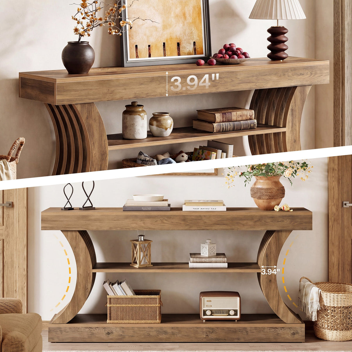 70.9-Inch 3-Tier Console Table with Curved Base, Farmhouse Hallway Table with Storage