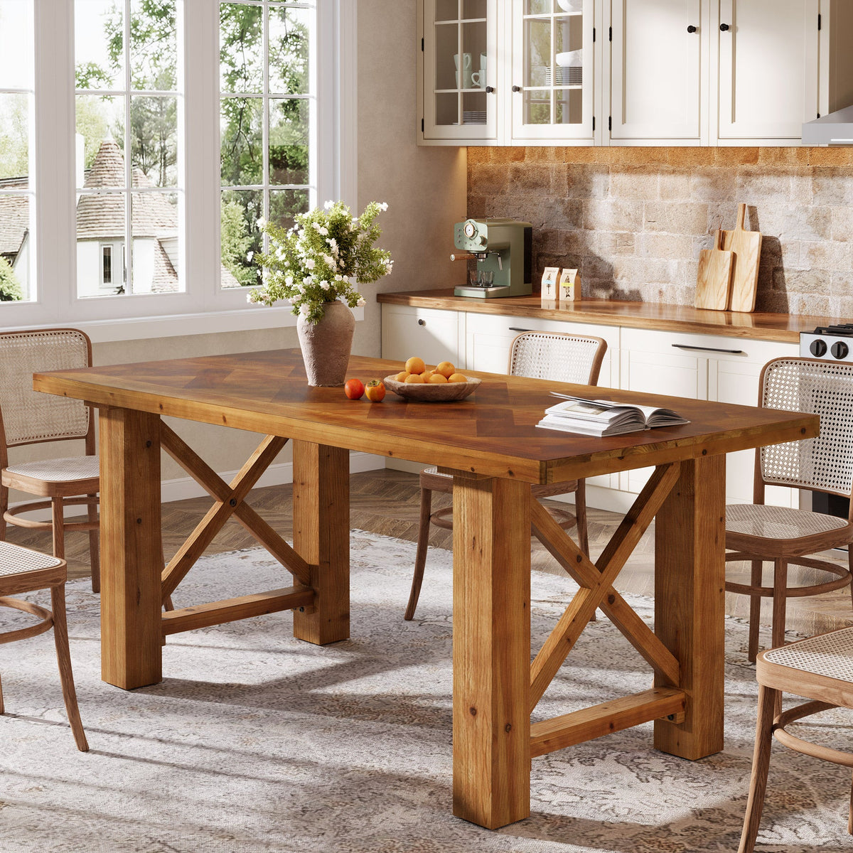 63-Inch Solid Fir Wood Dining Table with Herringbone Top, Farmhouse Table for Dining Room