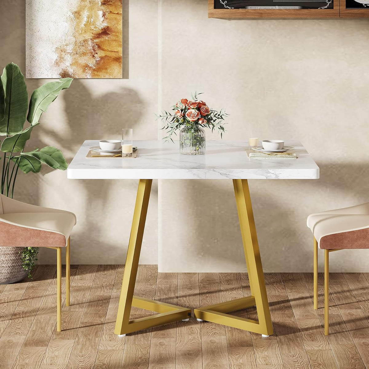 31.5-Inch Square Dining Table for 4, Compact Kitchen Table with Geometric Metal Base#Colour_White & Gold