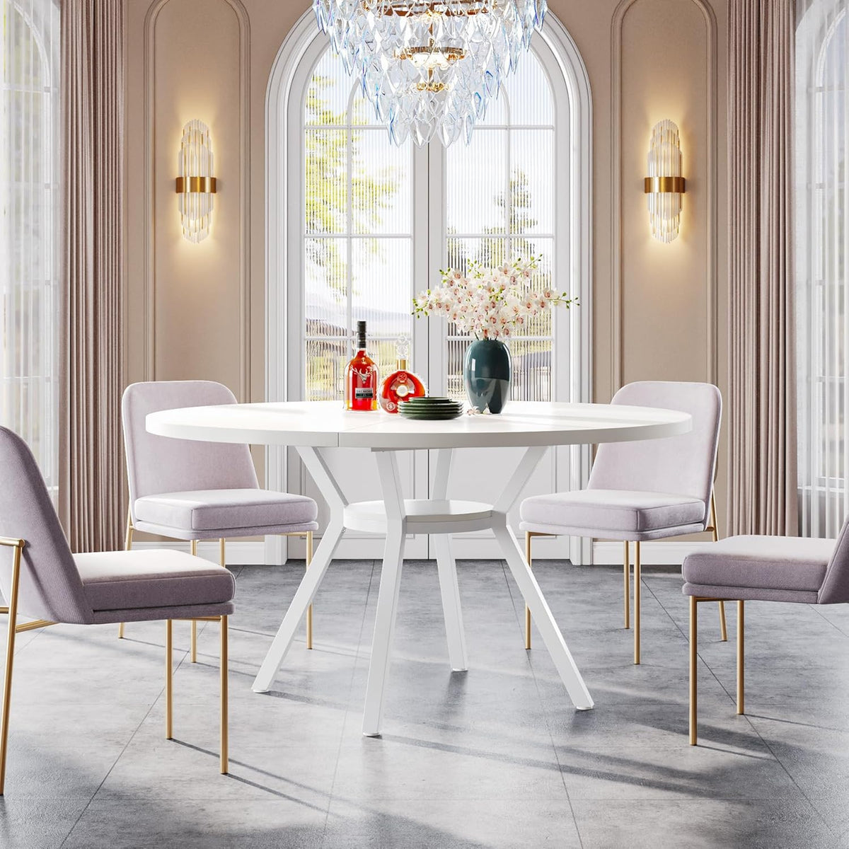47 Inch Round Dining Table, Modern White Kitchen Table for 6-8 People with Metal Legs for Dining Room