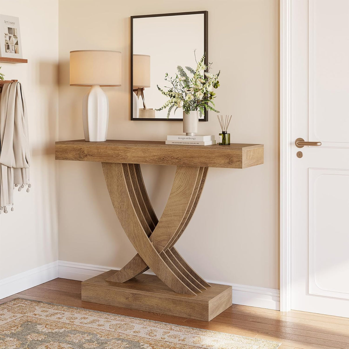 43.3-Inch Narrow Console Table with X-Frame Base, Farmhouse Hallway Table in Brown