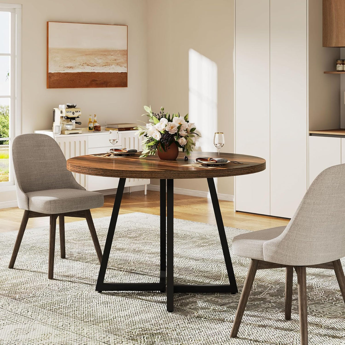 31.5-Inch Round Dining Table for 2, Compact Kitchen Table with Geometric Metal Base#Colour_Rustic Brown