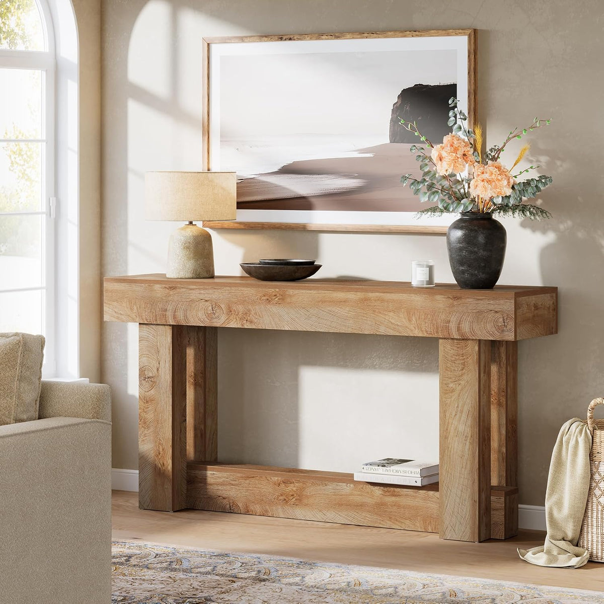 63 inch slim console table with warm wood grain finish and open lower storage shelf#Colour_Light Oak Brown