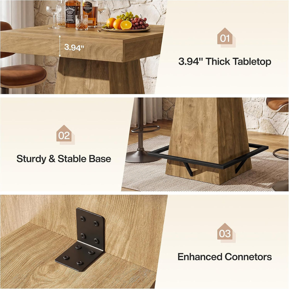 31.5-Inch Square Bar Table with 37.4-Inch Height and Metal Footrest for Dining Room and Bistro