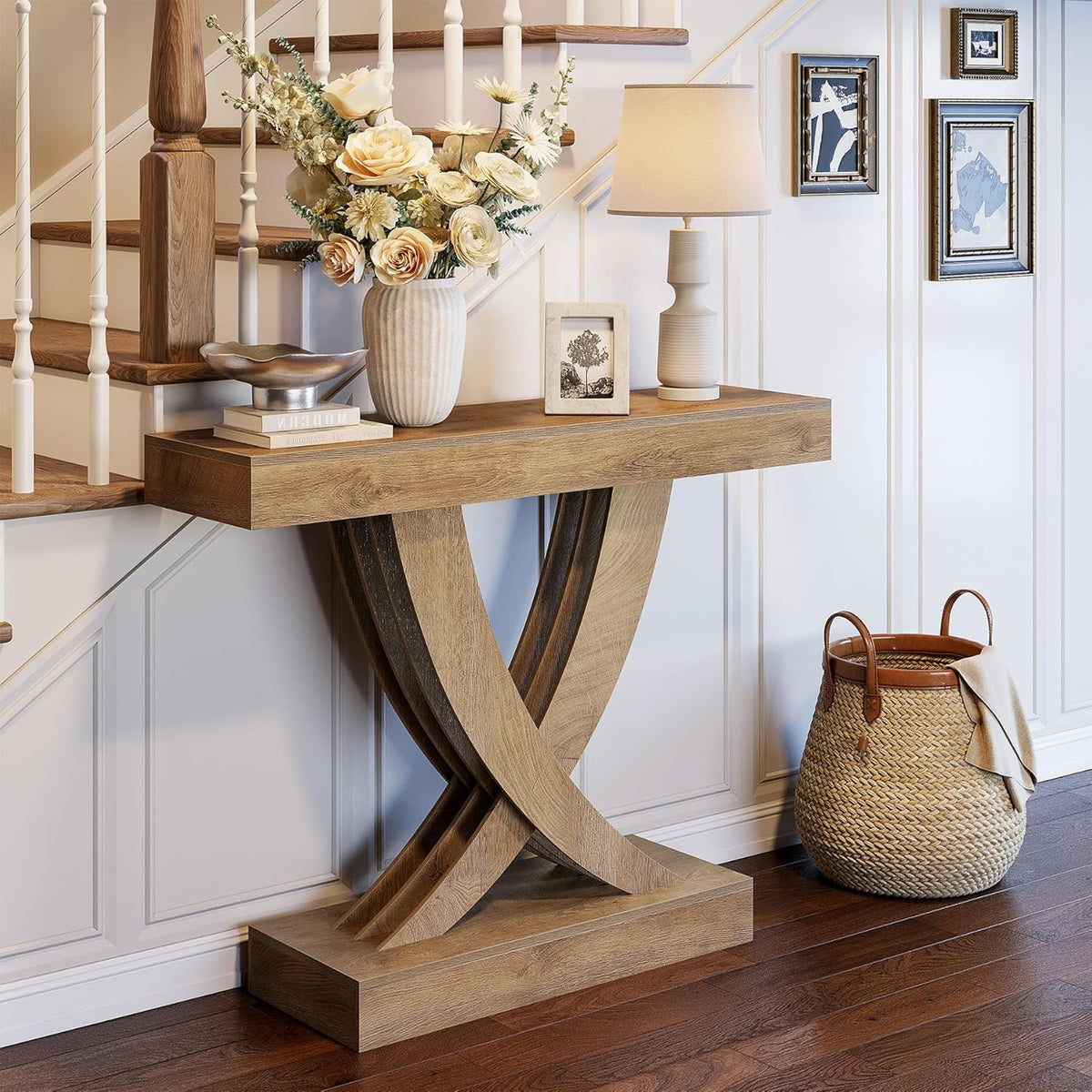 43.3-Inch Narrow Console Table with X-Frame Base, Farmhouse Hallway Table in Brown