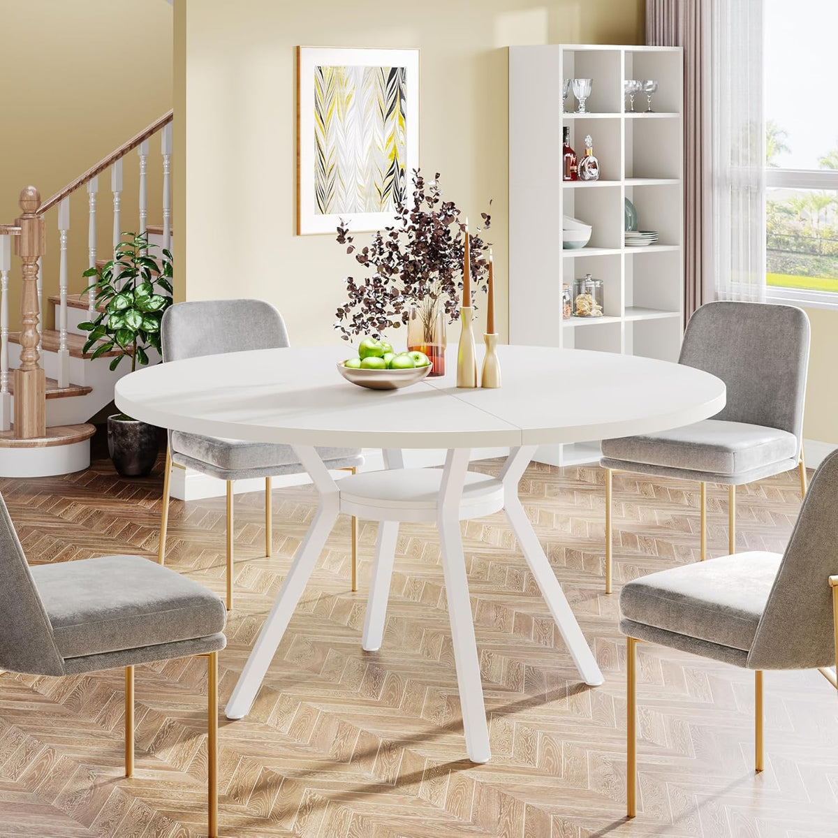 47 Inch Round Dining Table, Modern White Kitchen Table for 6-8 People with Metal Legs for Dining Room
