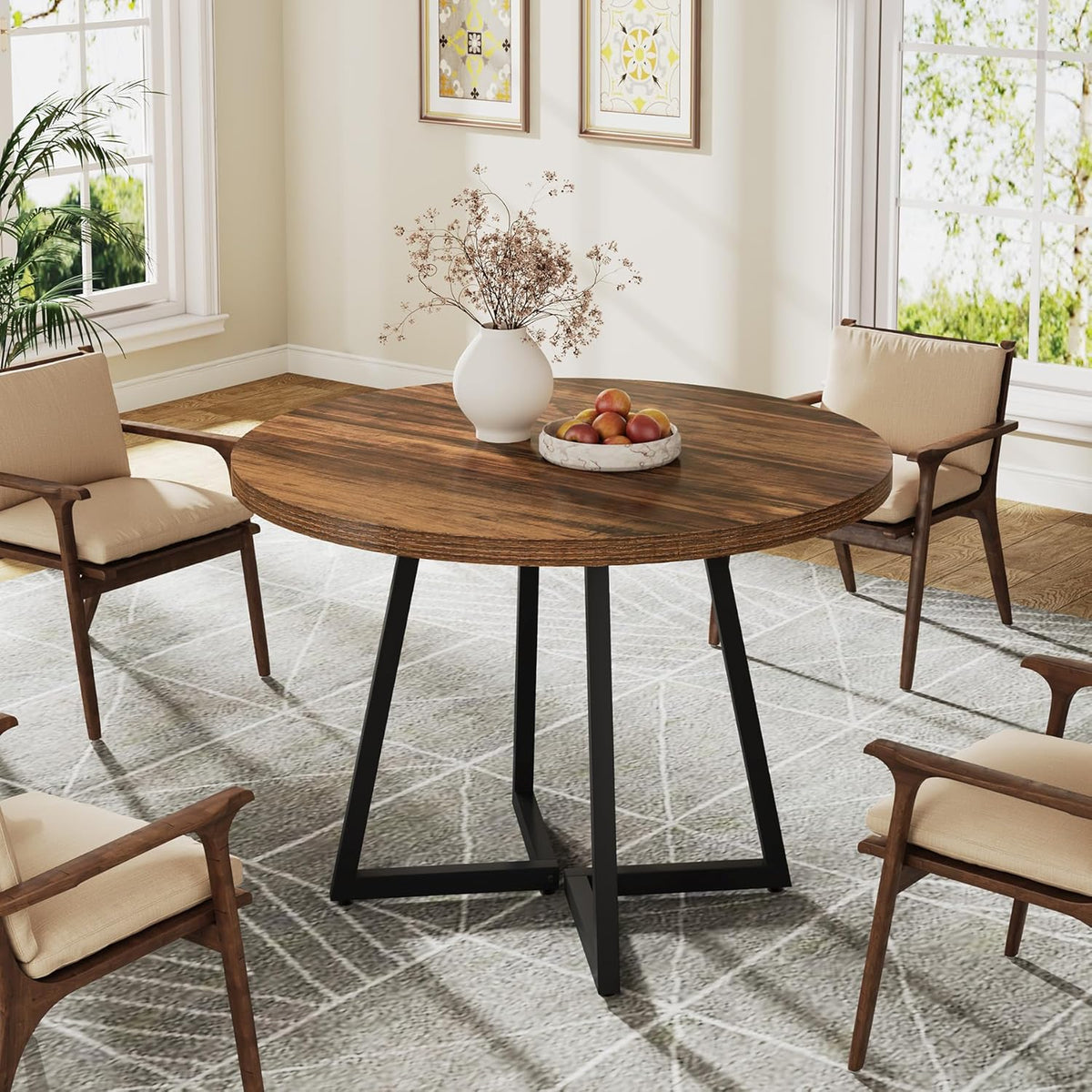 31.5-Inch Round Dining Table for 2, Compact Kitchen Table with Geometric Metal Base#Colour_Rustic Brown