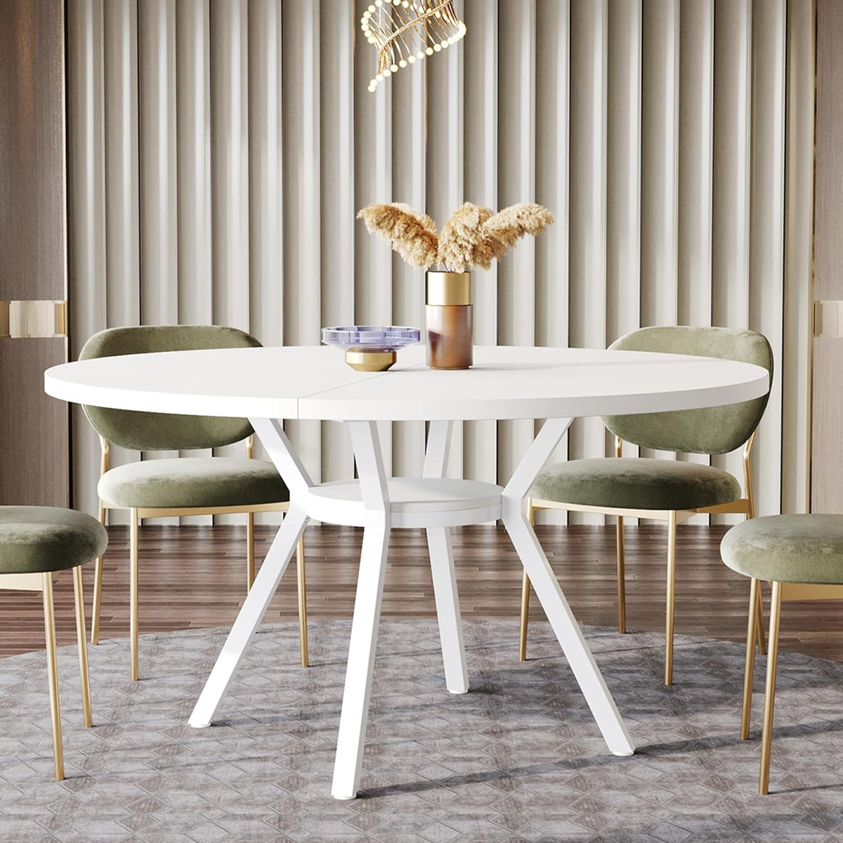 47 Inch Round Dining Table, Modern White Kitchen Table for 6-8 People with Metal Legs for Dining Room