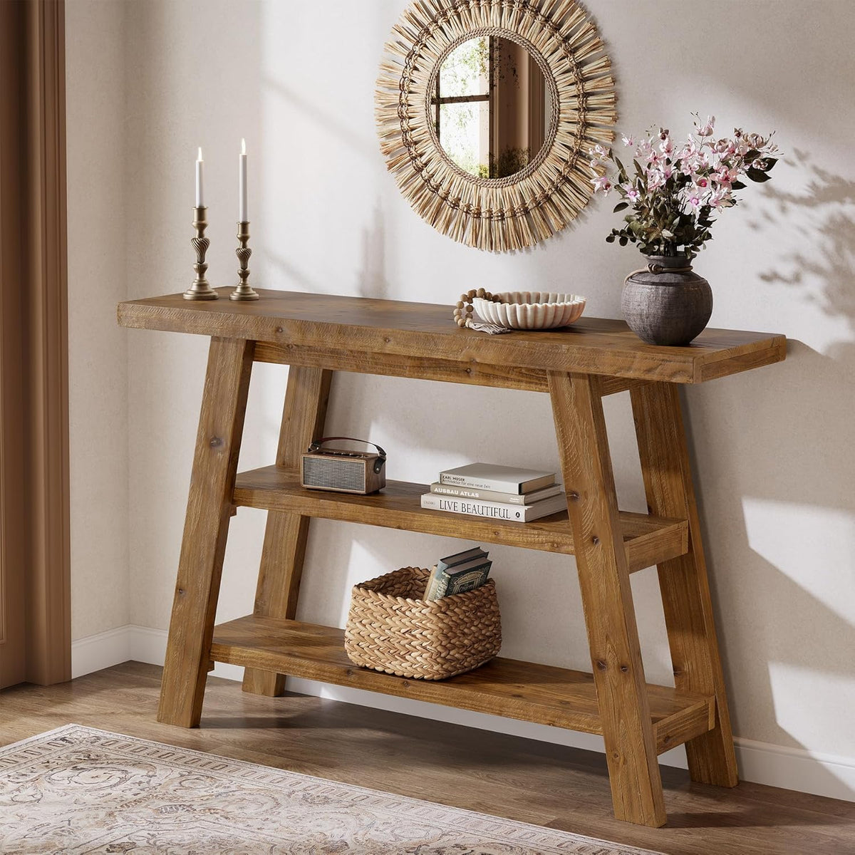 47.24" Solid Wood Farmhouse Console Table, 3-Tier Shelf Entryway Table for Hallway & Living Room