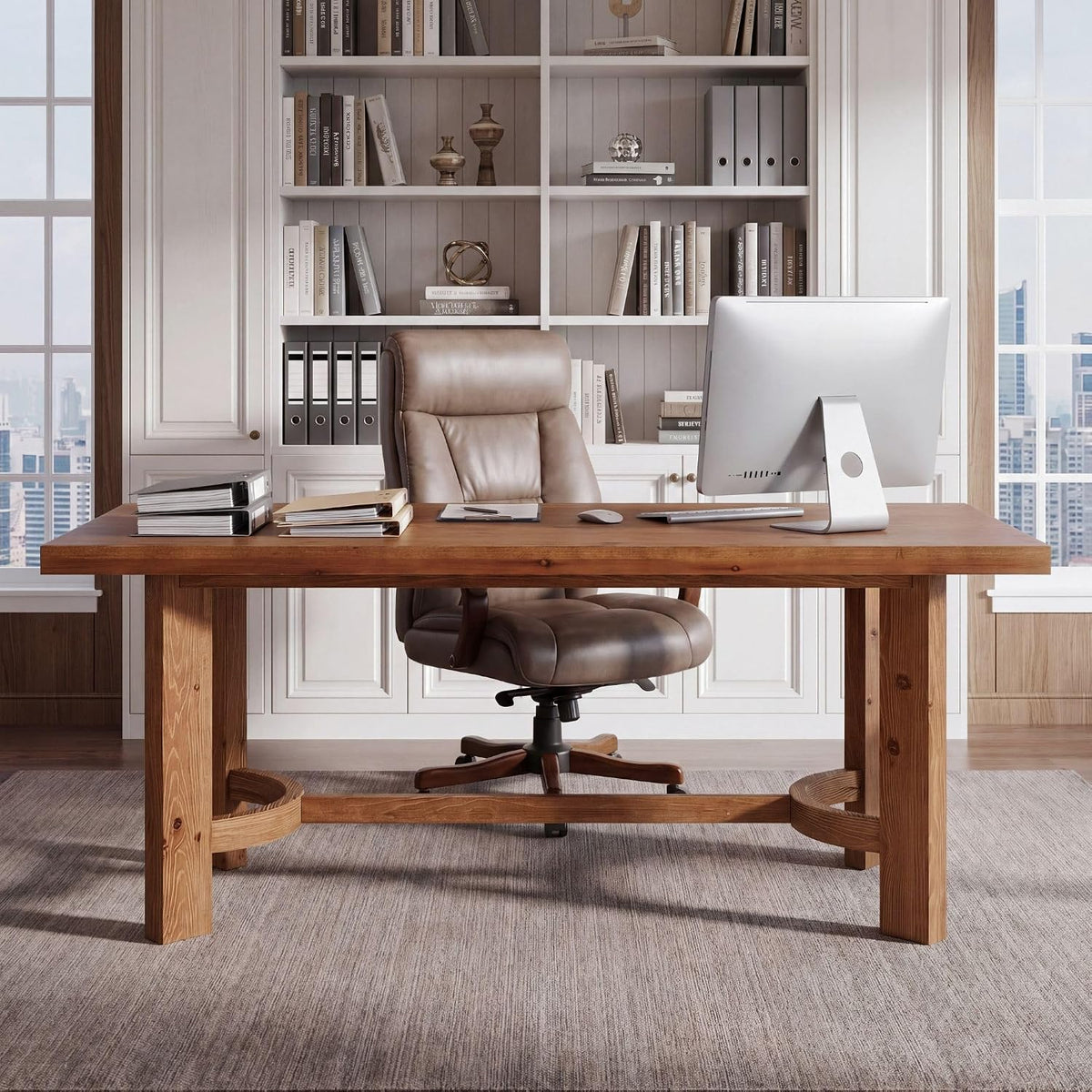 63-Inch Solid Wood Executive Desk, Farmhouse Work Table for Home Office and Meetings