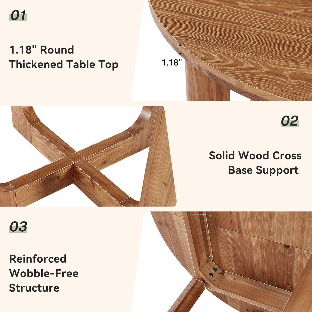 39.4-Inch Round Solid Wood Dining Table with X-Cross Legs, Farmhouse Kitchen Table for 2 to 4 People