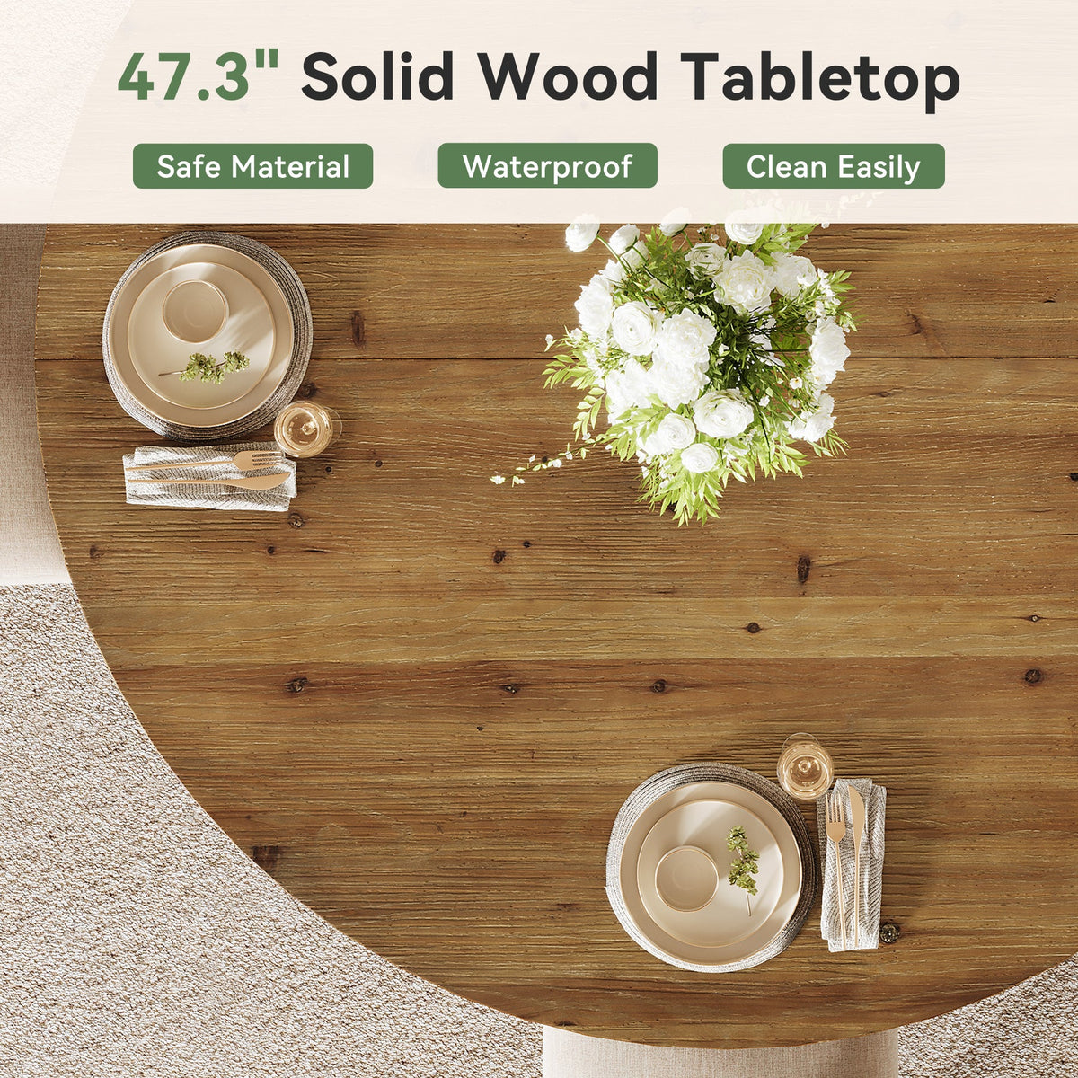 47.3-Inch Solid Wood Round Dining Table for 4-6 People, Farmhouse Kitchen Table with Cross-Shaped Base for Dining Room