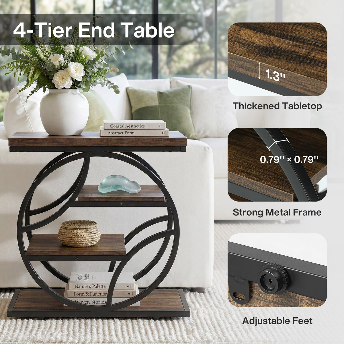 25.59" Side Table, 4-Tier Narrow End Table for Living Room Bedroom